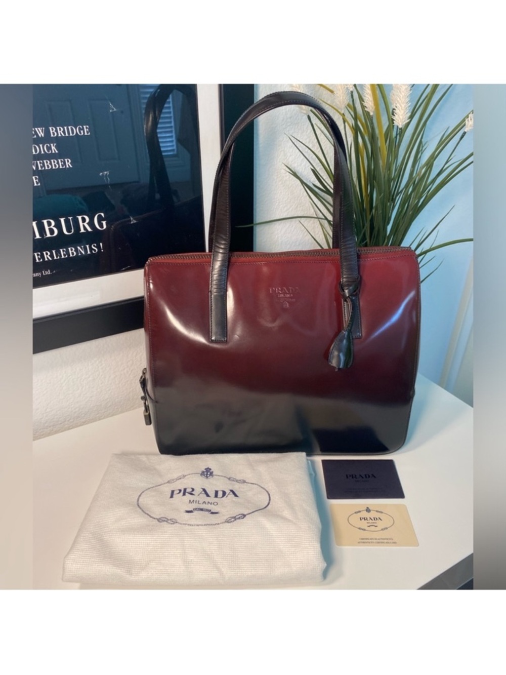Prada Burgundy to Black Glossy Vitello Leather Tote